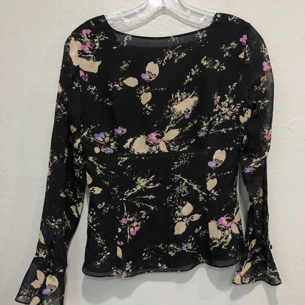 ann taylor 100% silk top xs small black leaves splat sheer chiffon dressy chic - Picture 5 of 14
